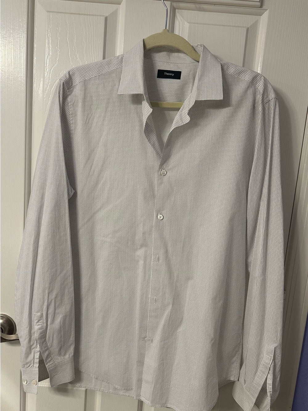 Theory Men's White Micro-Pattern Dress Shirt with Subtle Dot Grid